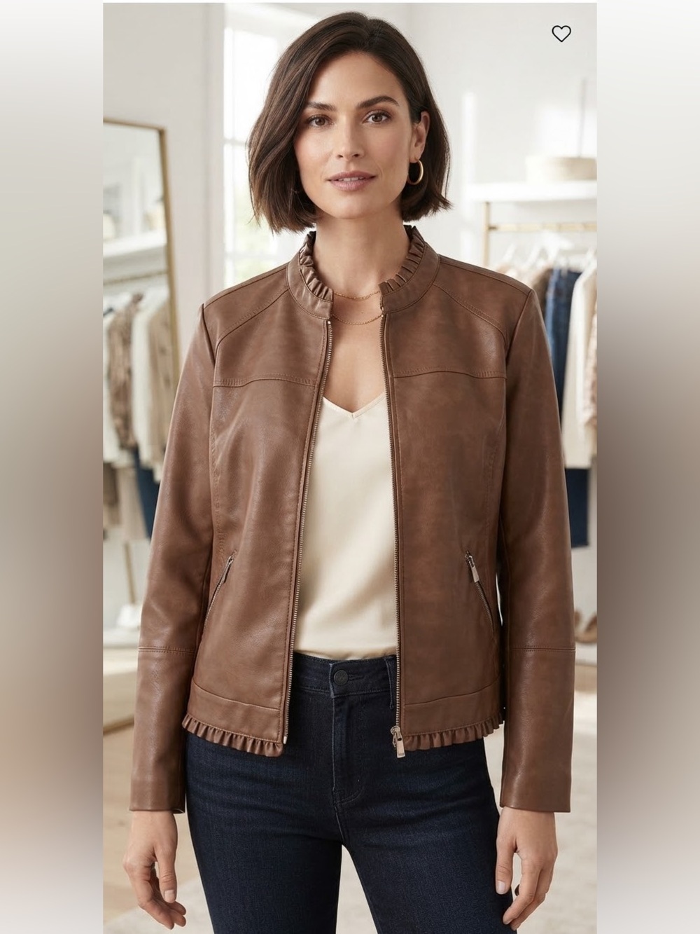 Chico’s Jacket with Ruffle Trim - Chestnut Brown - Faux Leather - Front Zip